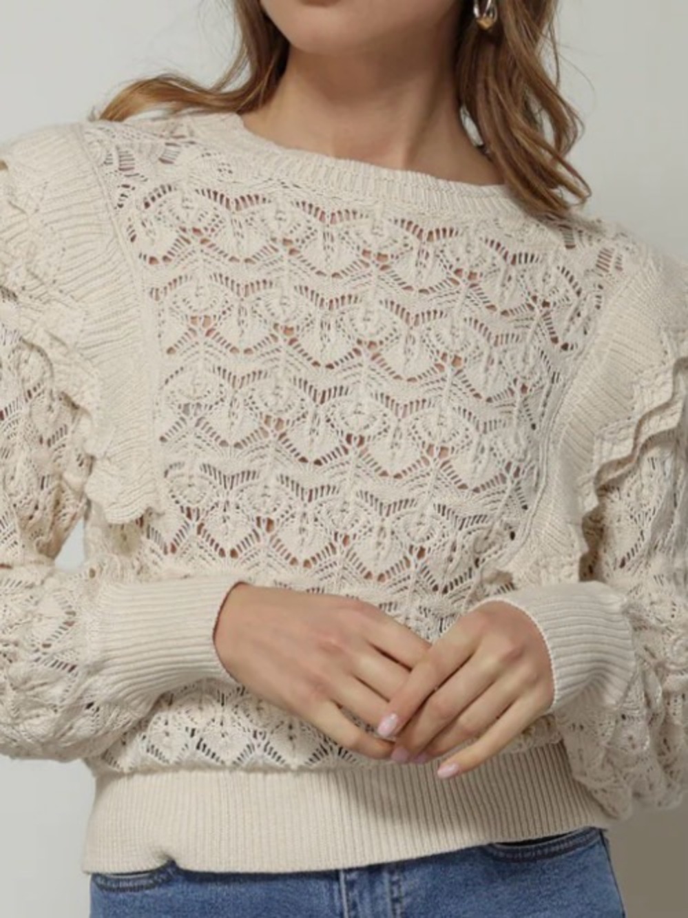 NWOT Women's Cream Crochet Knit Ruffle Sweater
